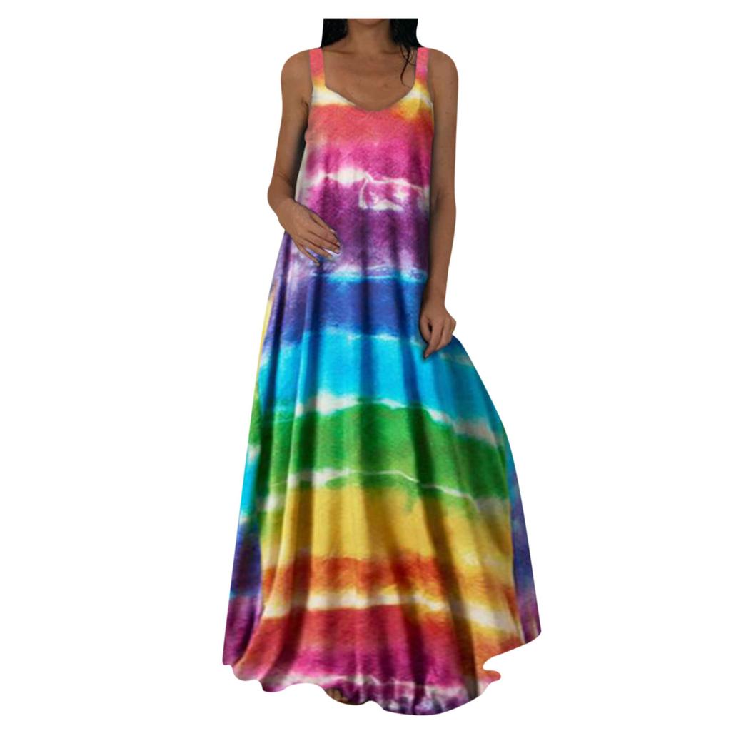 Women's Casual Maxi Dress Print V Neck Sleeveless Cami Dress with Pockets