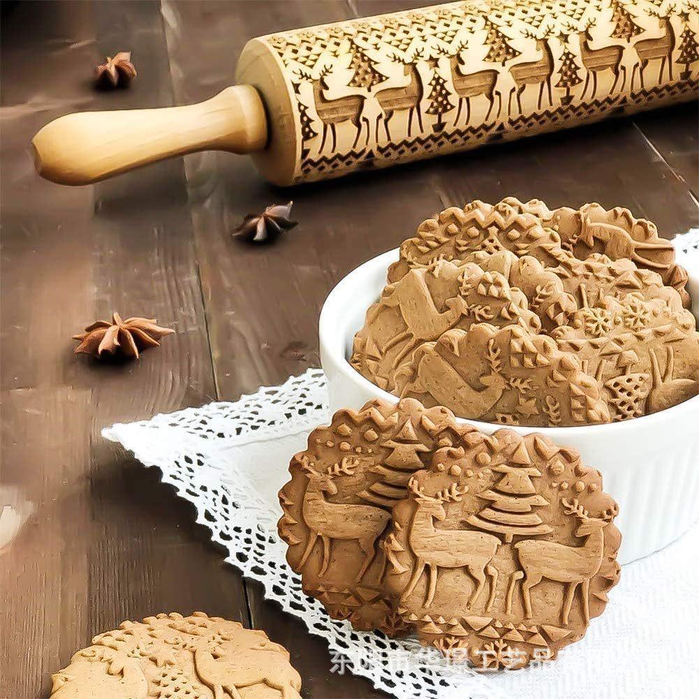 Laser Engraved Christmas Reindeer Wood Rolling Pin for Cookies
