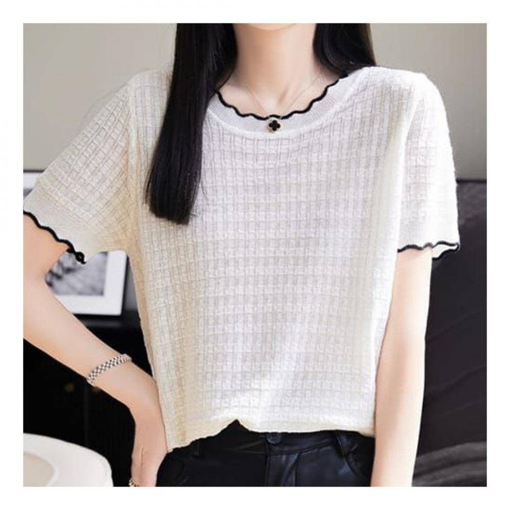 Navava Short Sleeve Solid Wave Knit Round Neck Nk2254
