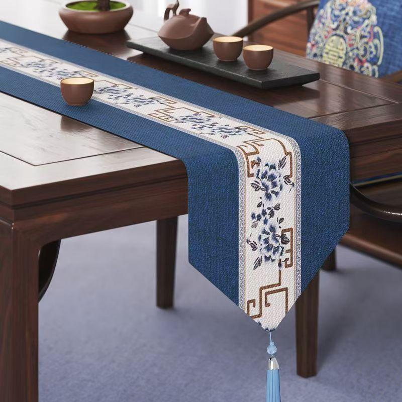 Chinese Style Table Flag Waterproof Oil Resistant Tassel Table Runner Tea House Tea Towels Zen Tea Table Cloth Hotel Bed Flag