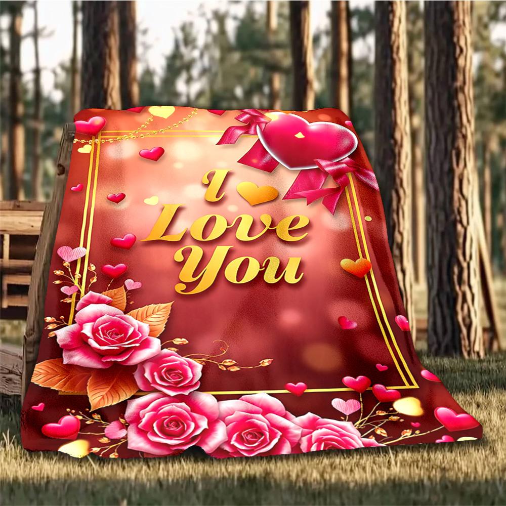 1pc Love Heart Roses Outdoor Blanket - Lightweight Flannel Throw For Travel, Camping, Livingroom, Couch, Chair yy251114202