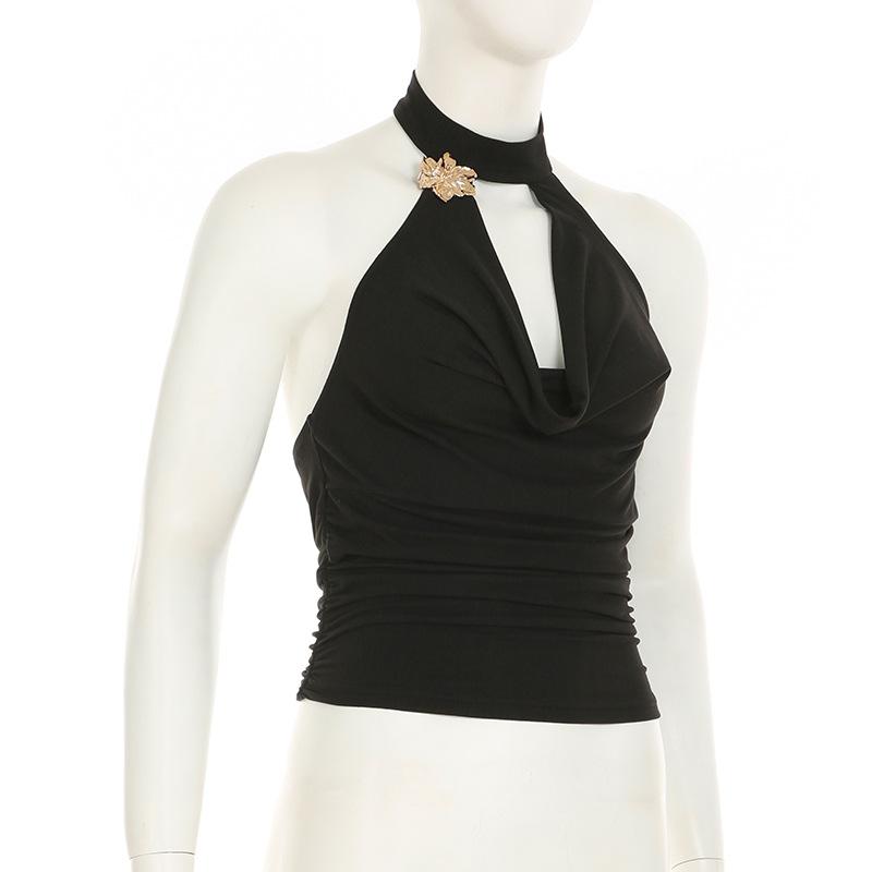 Women's Metal Flower Halter Neck Sexy Halter Top Temperament Low Waist Fold High Split Skirt Two Piece Suit