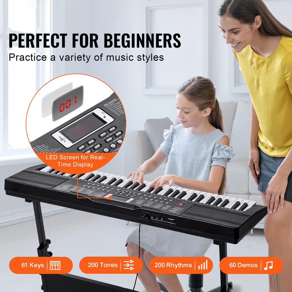 SucceBuy 61 Key Digital Keyboard Piano Electric Portable Piano 200 Tones 200 Rhythms or 600 Tones 500 Rhythms for Beginner Use