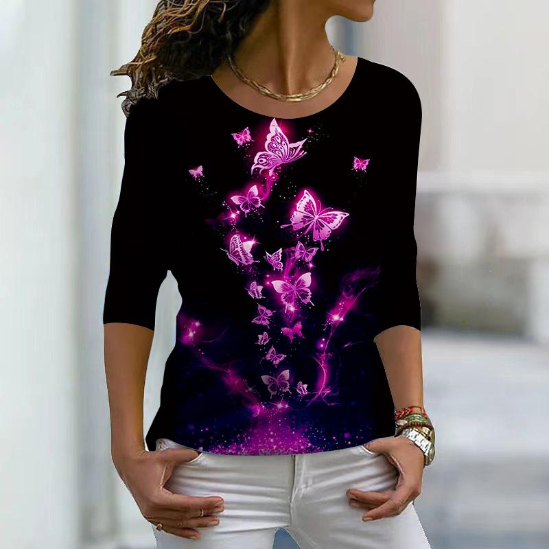 Women Autumn Tops Loose Blue Crystal Butterfly Print Causal Long Sleeve T-shirt Top Blouse