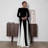 Fall Winter New European American Women's Clothing, Crew Neck Colorblock Long Sleeve High Waist Slim Elegant Vintage Evening Dress
