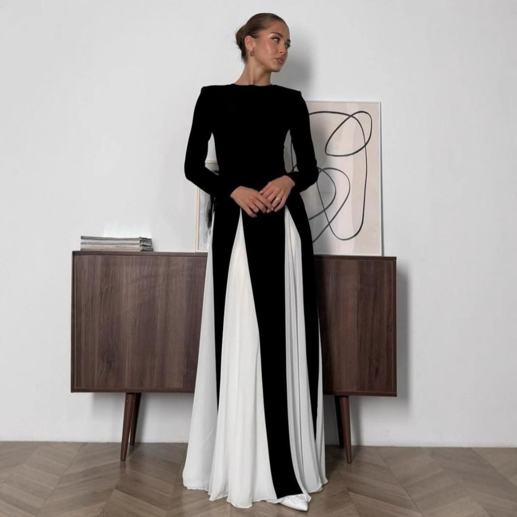 Fall Winter New European American Women's Clothing, Crew Neck Colorblock Long Sleeve High Waist Slim Elegant Vintage Evening Dress