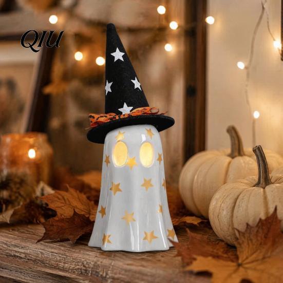 Resin Ghost Figurines Light Up Halloween Decoration, Cute Spooky Witch Hat Figurine, Festive Holiday Party Decor LED Lighted Statue for Mantel, Shelf,