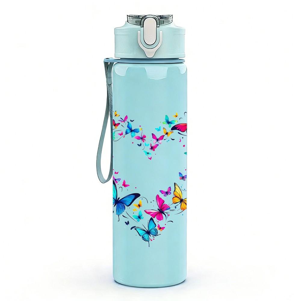 1PC Heart Shaped Floral Art Pattern 750ml Color Plastic Sports Water Bottle Leakproof Flip Straw Lid Suitable for Sports Office Home Use