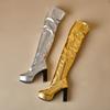 Stretch Platform Thigh High Boots for Women Slouch Boots Gold Silver Plus Size 46 Sexy 10cm Chunky High Heels Pleated Shoes 2025