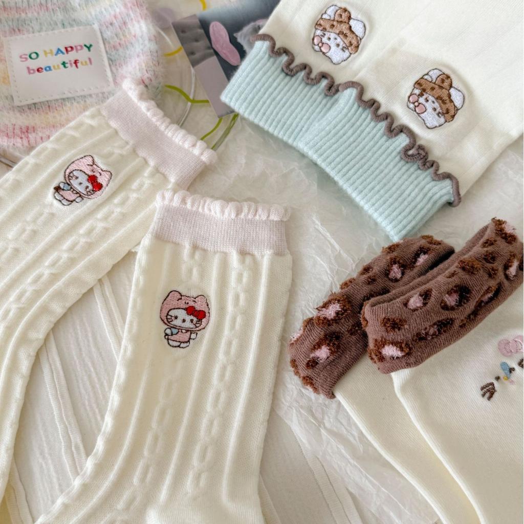 White Lace Pile Socks Girls Cute Kitty Kitty Kitty Mid-Leg Socks Trendy Spring And Autumn Pure Cotton Stockings