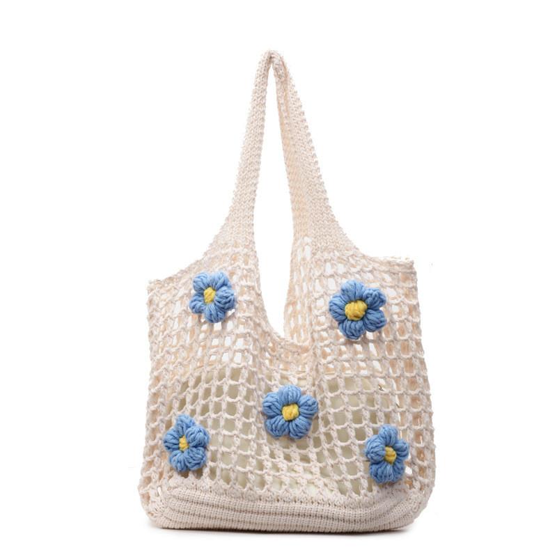 Cotton Woven Beach Bag With Floral Pattern For Summer Vacation And Daily Use
