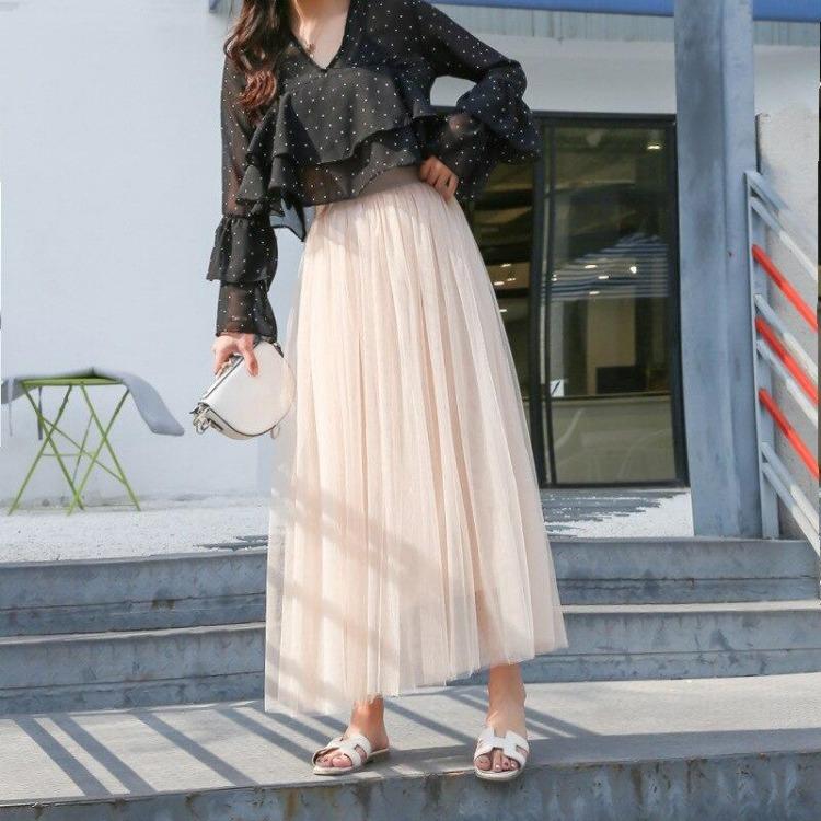 Elegantes Vintage Ballkleid mit hoher Taille Qooth Elastische Taille 3 Lagen Mesh Langer Tüllrock Frühling Herbst Gazetutu-Rock QT2001
