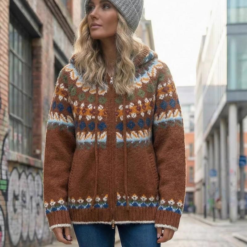 Womens Oversized Cropped Hooded Knit Cardigan With Fair Isle Soft Warm Sweater Coat Fall Winter Casual