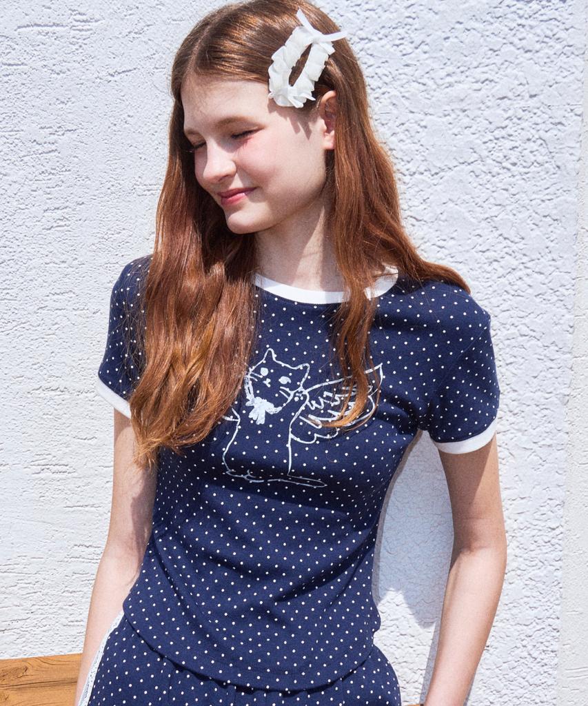 Loginaenloji Angel Cat Dot Ringer T-Shirt Navy