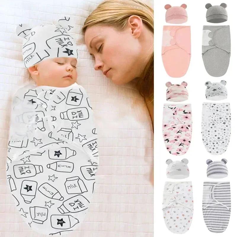 Set Coperta e Cappellino per Neonato Stampa Cartoni Animati Cotone Fasciatoio Neonato Fasciatoio Regolabile per Dormire Neonato Tutte le Stagioni 0-6 Mesi