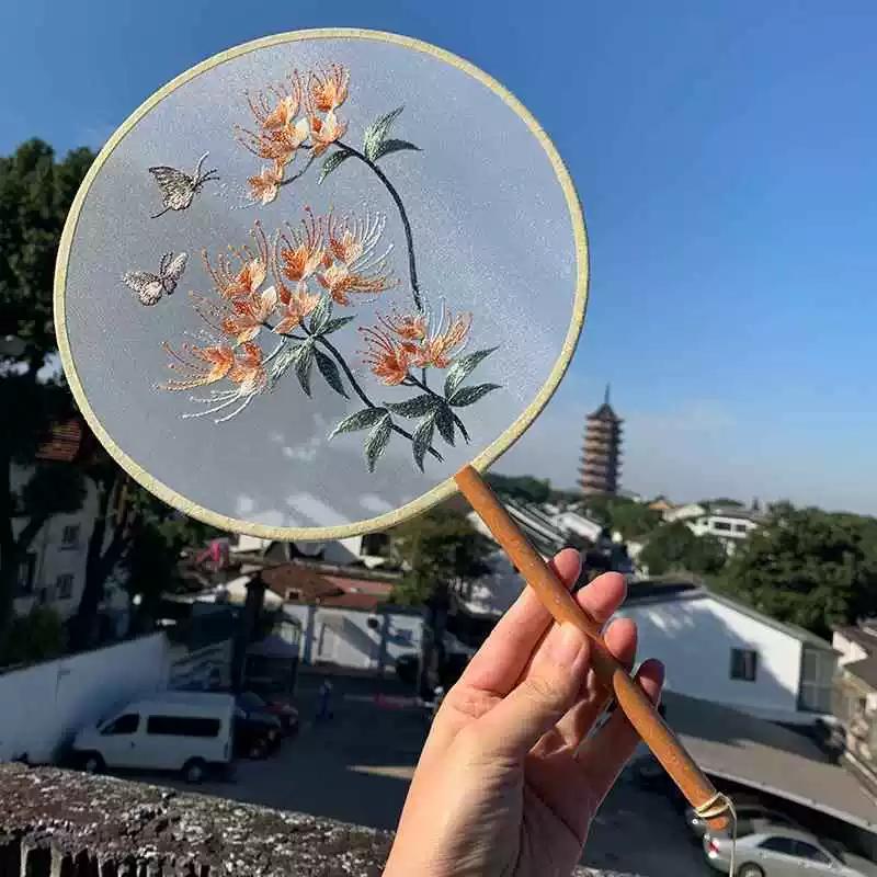 Embroidered Round Fan, Chinese Ancient Style Round Fan, Fairy-Like Hanfu Cheongsam Fan, Classical Palace Fan, Gardenia Jasmine Dance Fan