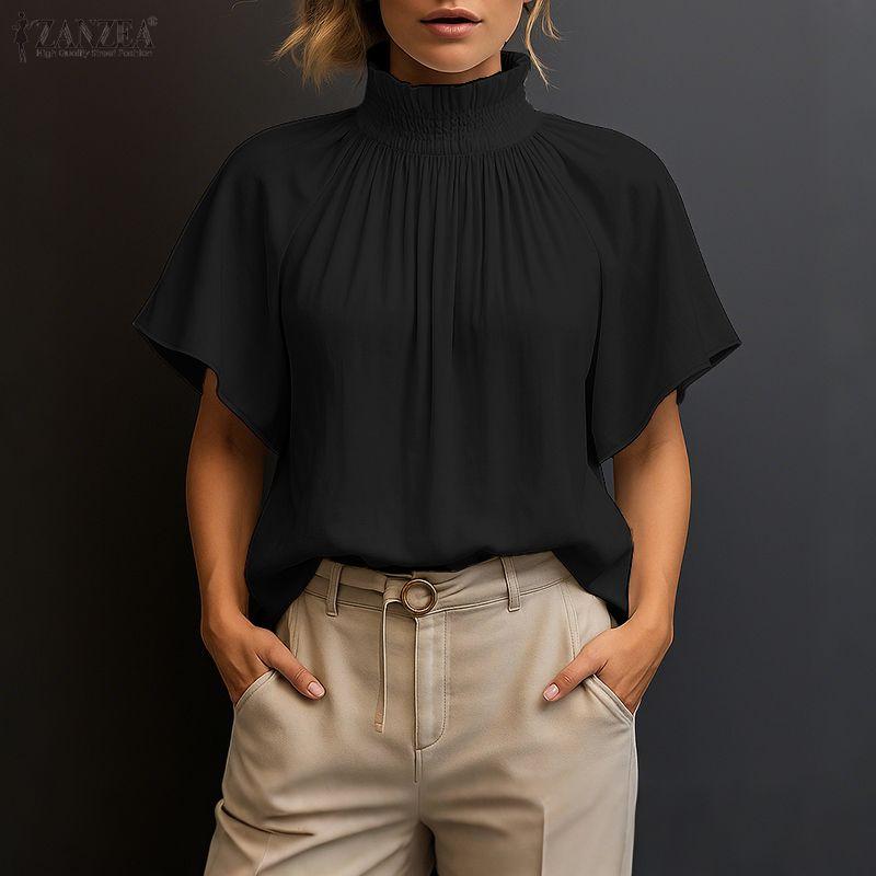 ZANZEA Women Casual Turtleneck Loose Summer Short Sleeve Blouse