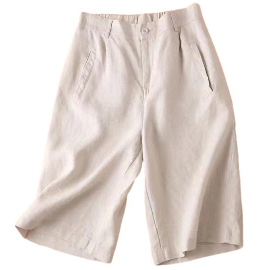High Waist Elastic Waistband Women Shorts Button Fly Pockets Knee Length Straight Wide Leg Suit Short Pants Workwear