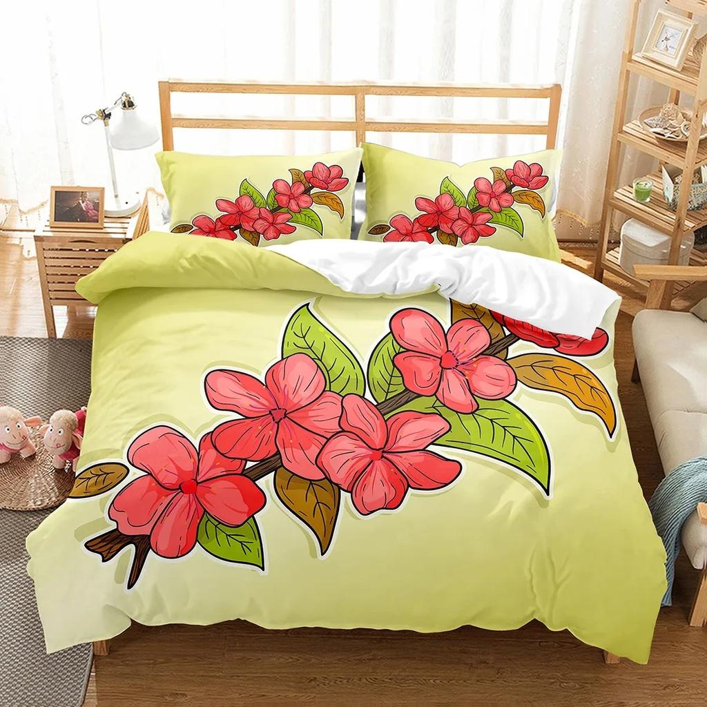 Plum Flower Duvet Cover Set Red Flower Pattern Bedding Set for Girls Women Polyester Comforter Cover Quilt Cover King Full Size