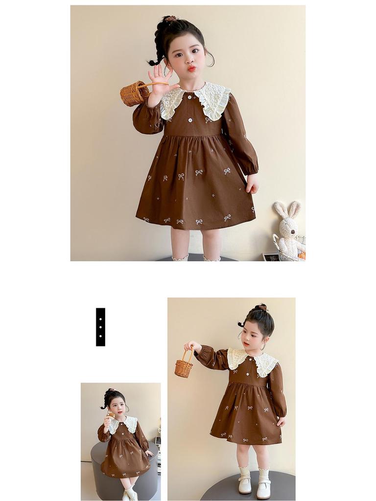Spring Lace Collar Dress for Girls - Bow Embroidered Princess Skirt