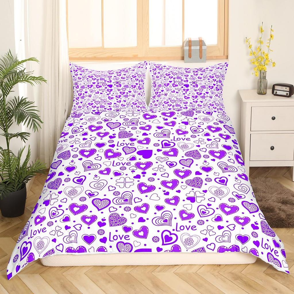 Valentinstag Bettwäsche Set Doodle Stil Kleines Herz Bettbezug Lila Rot Bettdeckenbezug Liebe Thema Polyester Steppdeckenbezug