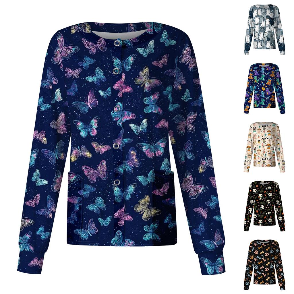 Women Long Sleeve Button Front Cardigan Animal Print Work Shirt Lightweight Casual Cover Up Top for Healthcare and Daily Wear