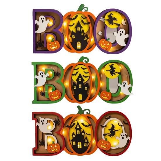 Halloween Night Light Wooden Light-up Boo Ornament Pumpkin Ghost Castle Table Decoration with Lights for Home Mantel Dining Table