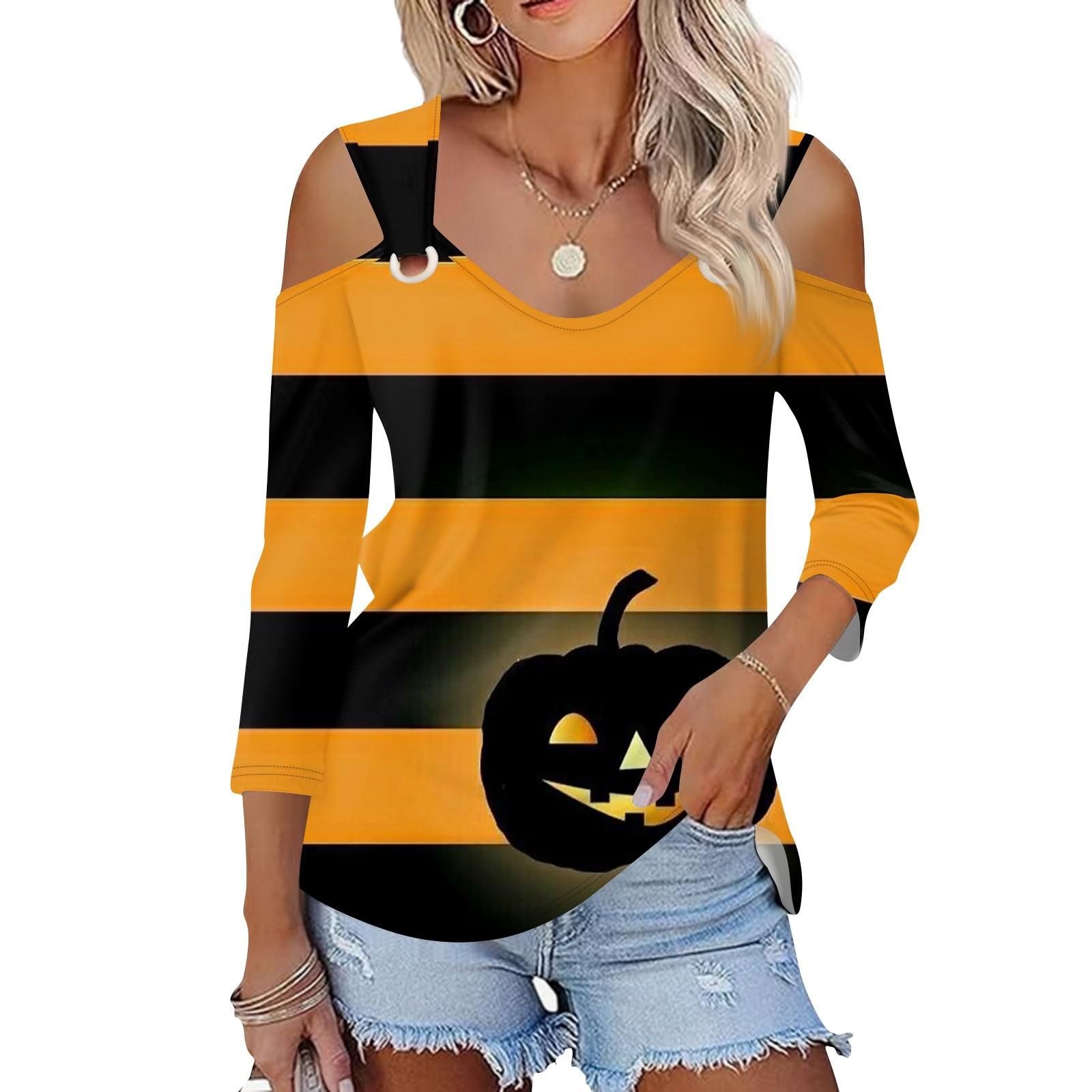 

Женская повседневная рубашка-блузка с принтом Хэллоуина, V-образным вырезом, сексуальным открытым плечом и рукавом 3/4 M жёлтый
