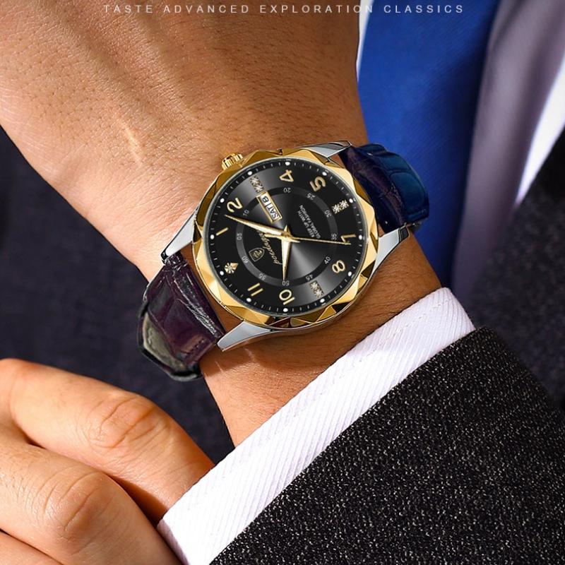 2024 Neue Trendmode Luxus-Herrenuhr Leuchtende wasserdichte Dual-Kalender-Ultradünne diamantverzierte Leder-Herrenuhr mit Automatikwerk