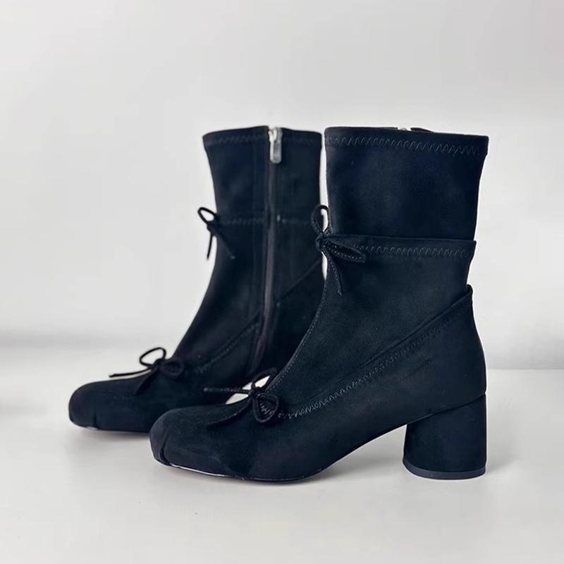 Bow High Heels Ankle Boots Women's Designer Chunky Suede Shoes 2026 Winter Fashion Boots New Pumps Chelsea Gothic Mujer Botas