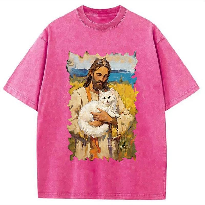 

Men s Korean T-Shirt Casual Loose Short Sleeve Jesus Holding White Cat Washed Tees Vintage Pure Cotton Chic Tunics Unisex 3XL