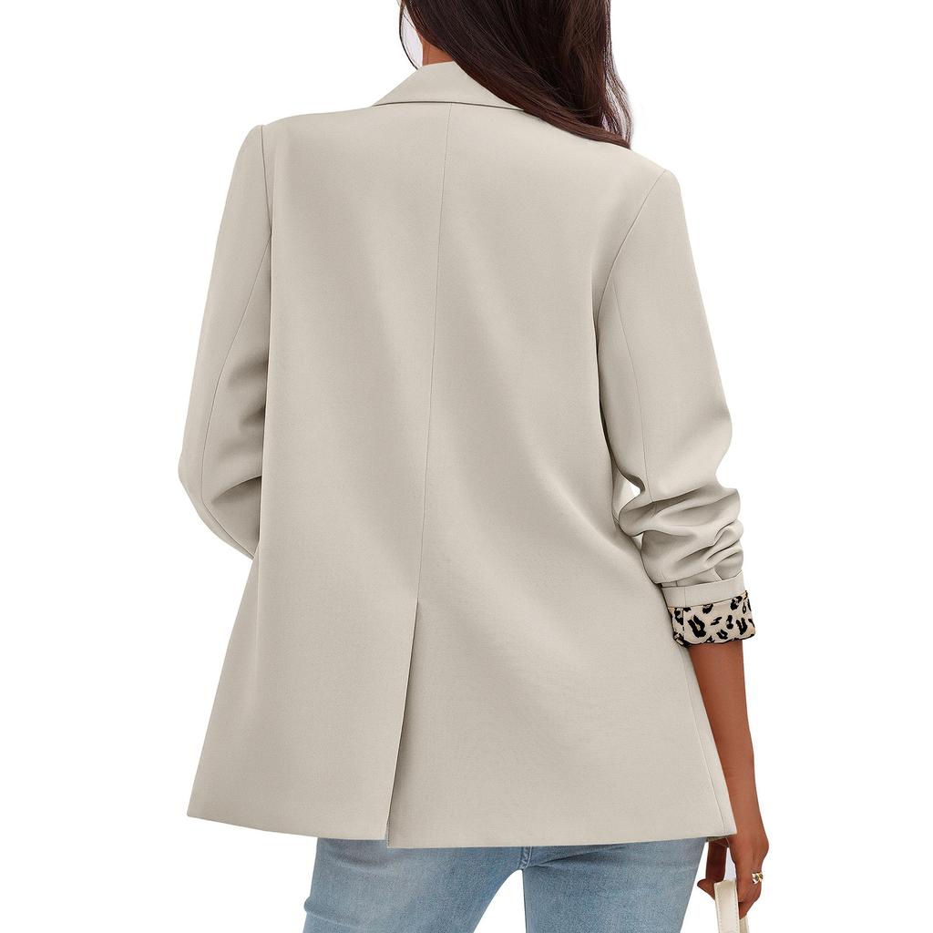 Women’s Long Sleeve Lapel Blazer with Leopard Print Cuffs Single Breasted Button Closure Classic Fit Jacket for Office or Casual Wear