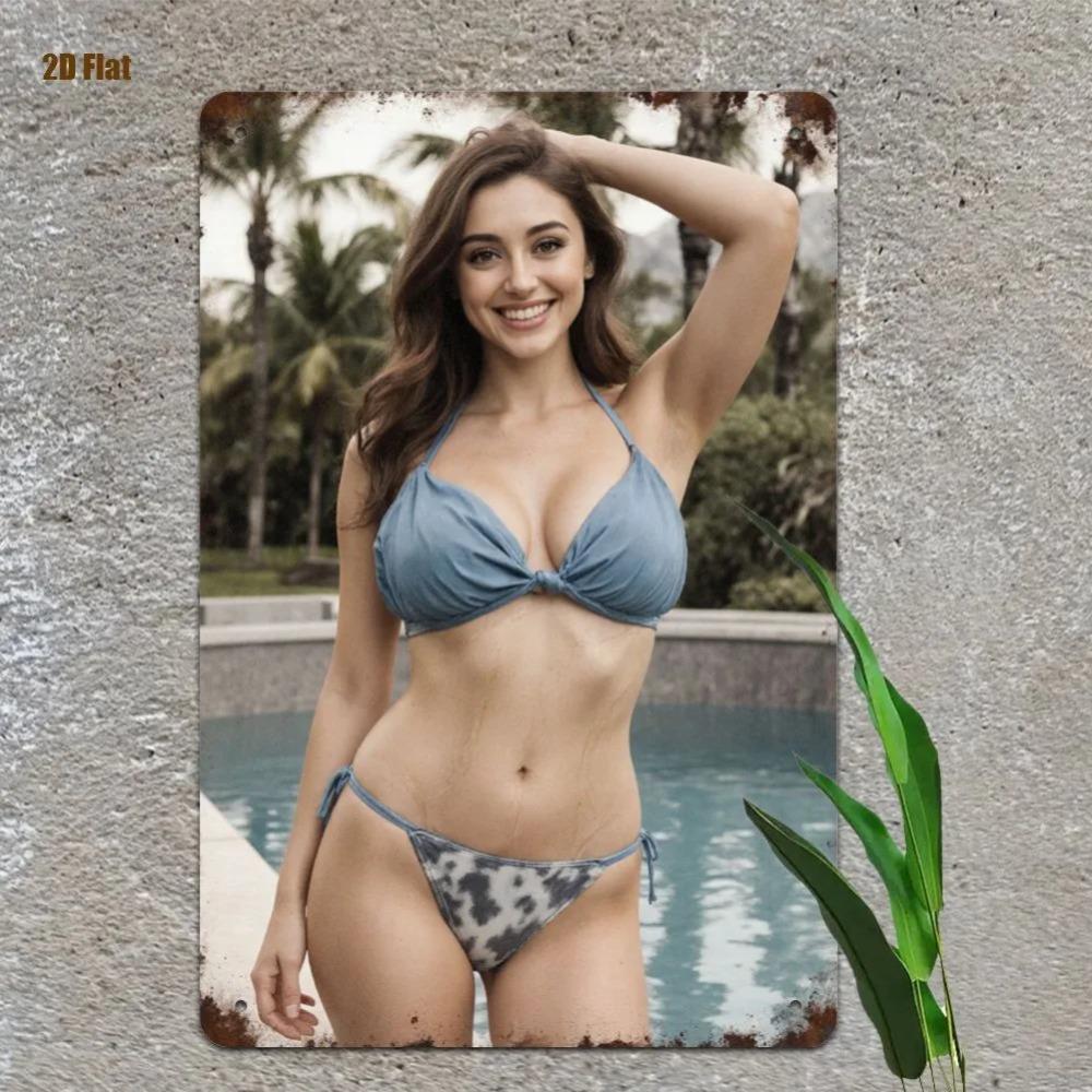 

Vintage Metal Wall Art Turquoise Palm Tree Bikini Girl Home Decor Gift for Man Cave Bar Bedroom 20x30cm