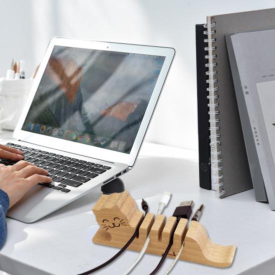 Wooden Cat Cable Organizer Home Office Desk Phone Charging Data Cord Holder Keeper Animal Power Wire Management Clip