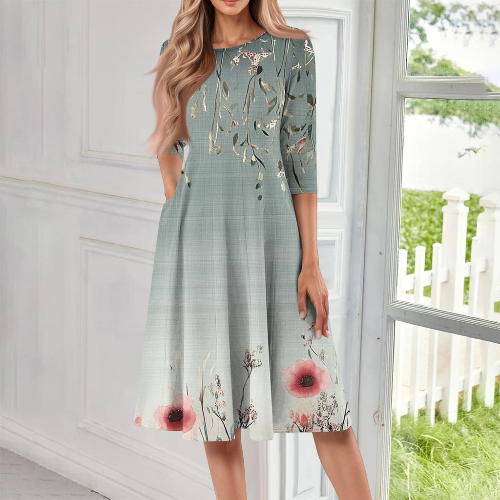 Women's Casual Fashion Round Neck Three Quarter Sleeve Print Midi Dress