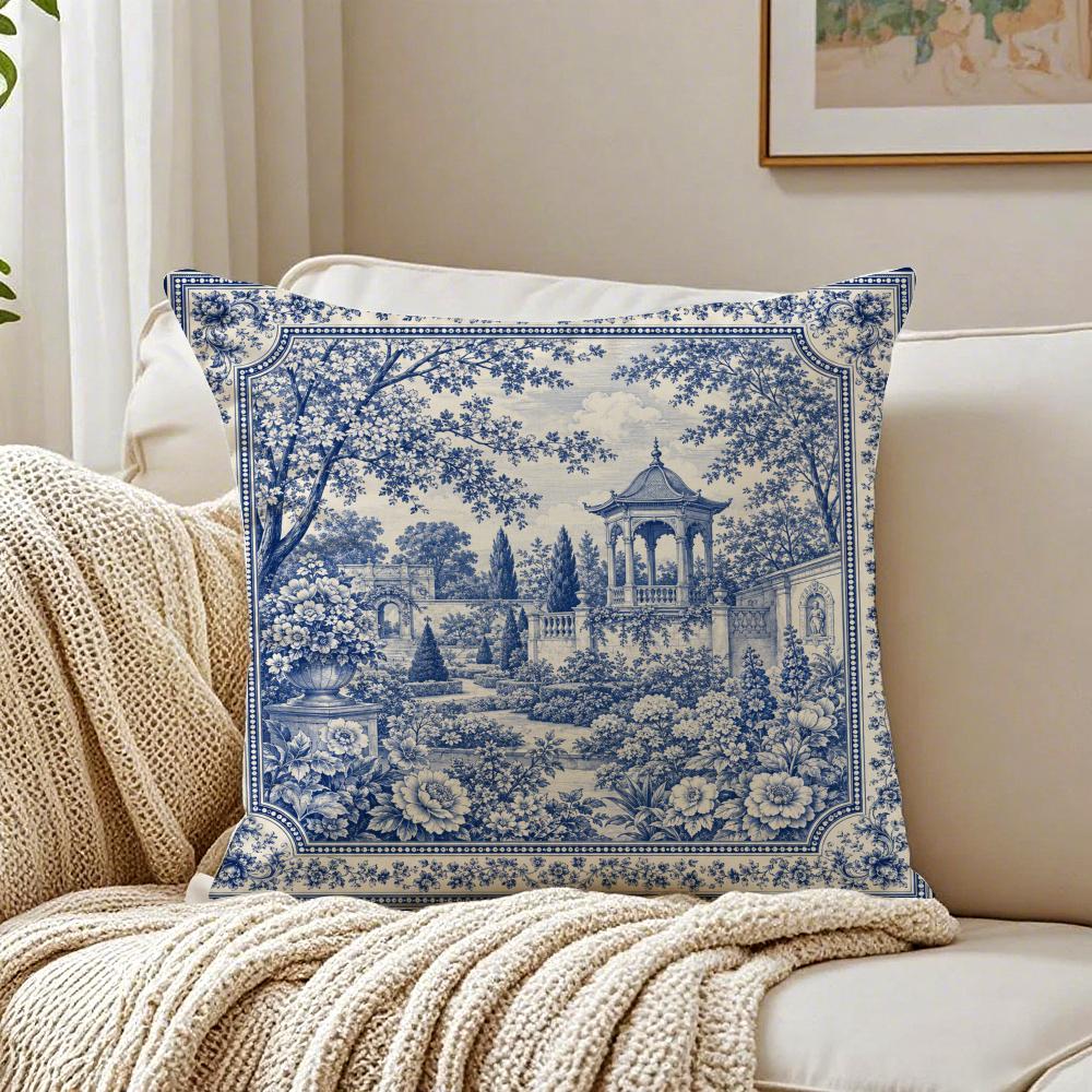 Blue White Landscape Pillow Case Organic Short Plush Cushion Covers Breathable Washable WrinkleResistant