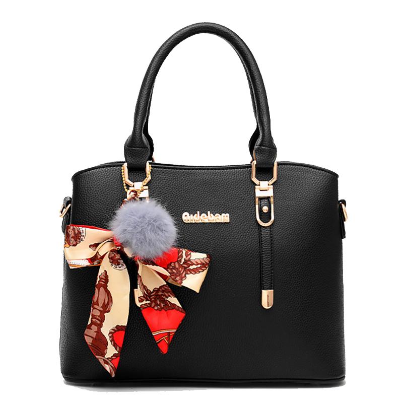 2025 New Stylish Large-capacity Solid Color Handbag PU Waterproof Messenger Bag Plush Pendant Simple Shoulder Bag