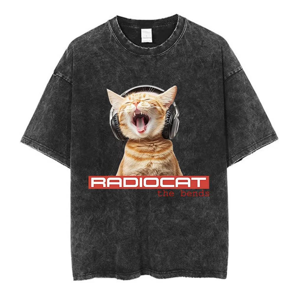 Rock Band Radiohead The Bend Funny Cat Vintage Washed Tshirts Men Women Fashion Hip Hop T Shirts Cotton Male Tshirt Streetwear
