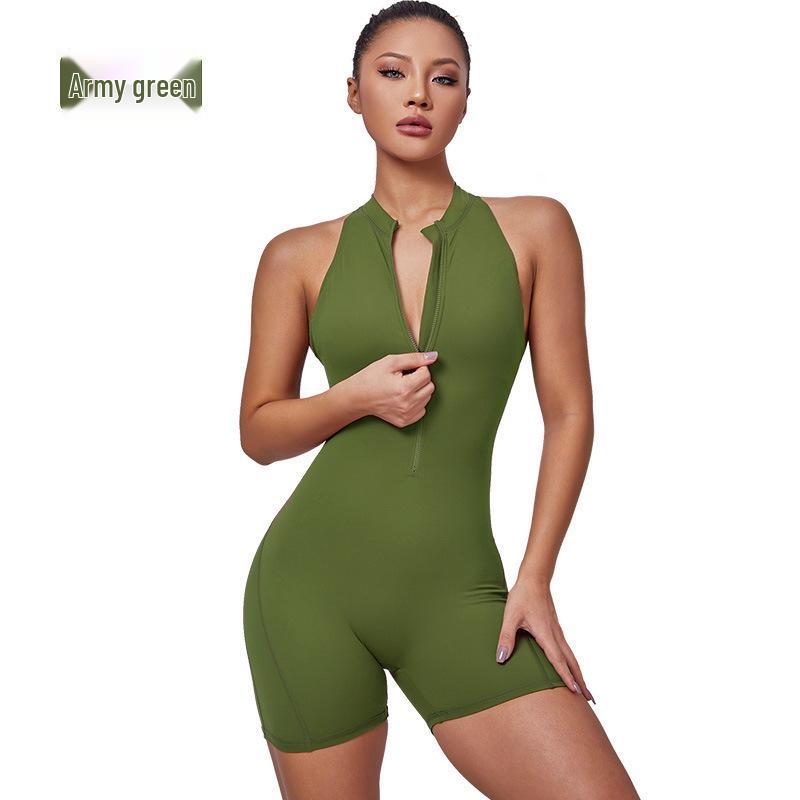 European & American Zipper Aerial Yoga Jumpsuit Bodysuit with Chest Pad & Tummy Control for Women Fitness.