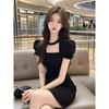French Hepburn Style Black Square Neck Bubble Sleeve Dress Women's Summer Niche Design Feeling Waist and Thin Hip Skirt