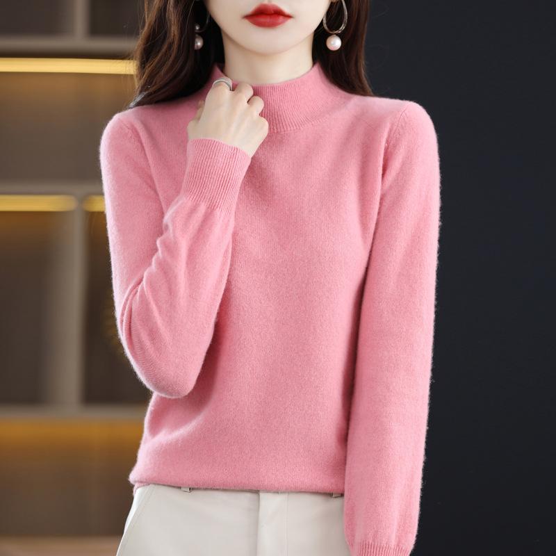 Women's Cashmere Knit Sweater - 2023 Autumn/Winter, Half-High Neck, Slimming Fit, Solid Color Pullover