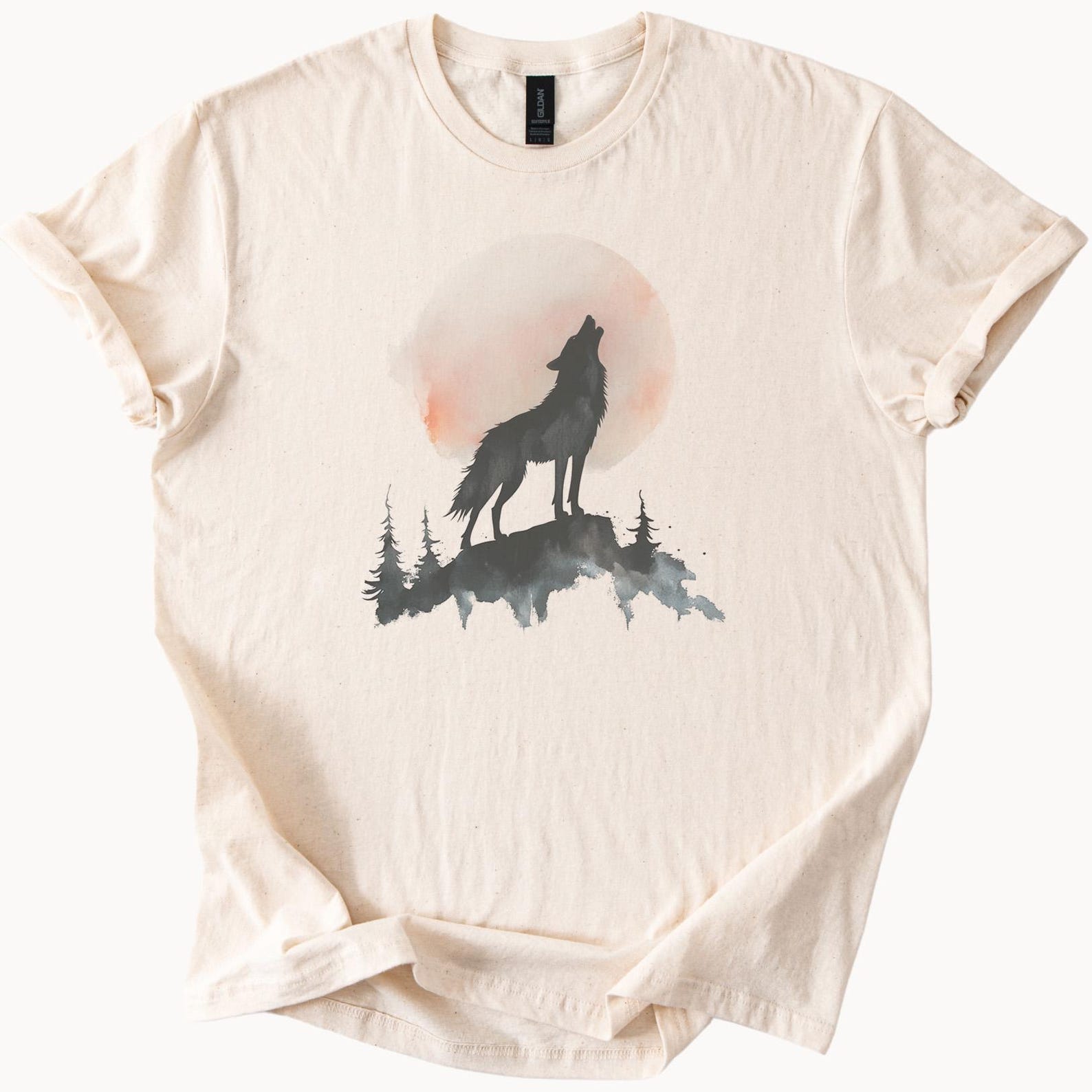 Howling Wolf Graphic T Shirt Nature Forest Moon Silhouette Animal Art Tee Wilderness Mountain Scene Watercolor Style Shirt 130