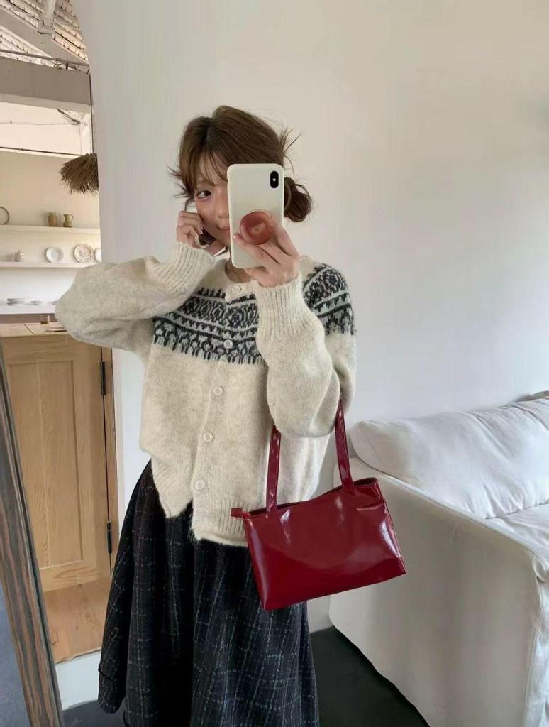 Korean Style Soft Fluffy Fair Isle Knit Cardigan - Women's Autumn/Winter Loose Fit with Rolled Edge