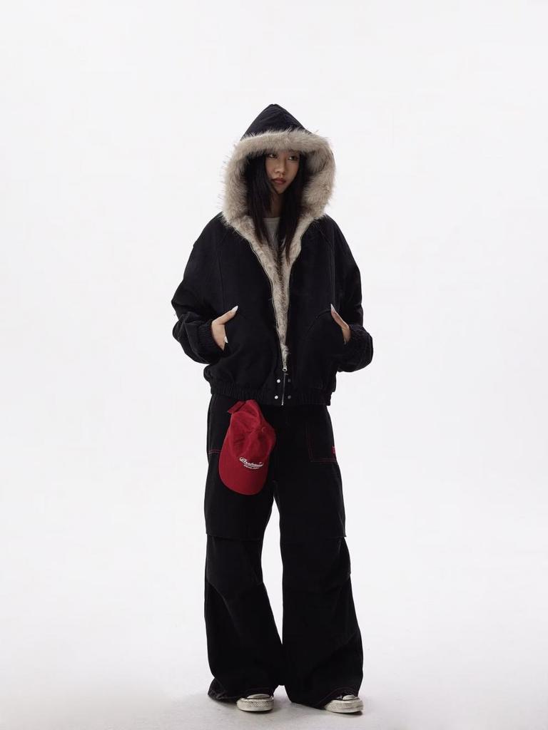 Unisex Gruba Zimowa Retro Bawełniana Kurtka z Kapturem i Futerkiem Orła Śnieżnego