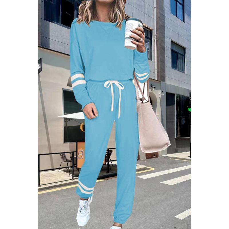 Damen Gestreifte Bündchen Langarm Kordelzug Locker Freizeit Trainingsanzug 2-teiliges Hosen-Set Loungewear Outfits