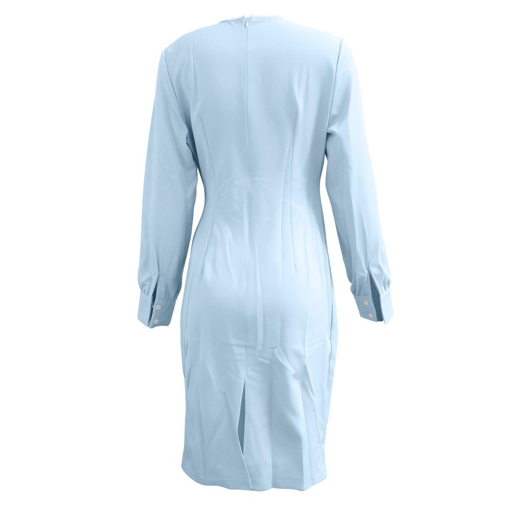 Elegantes einfarbiges Faltenkleid für Damen mit taillierter Taille, Rundhalsausschnitt und Cut-out