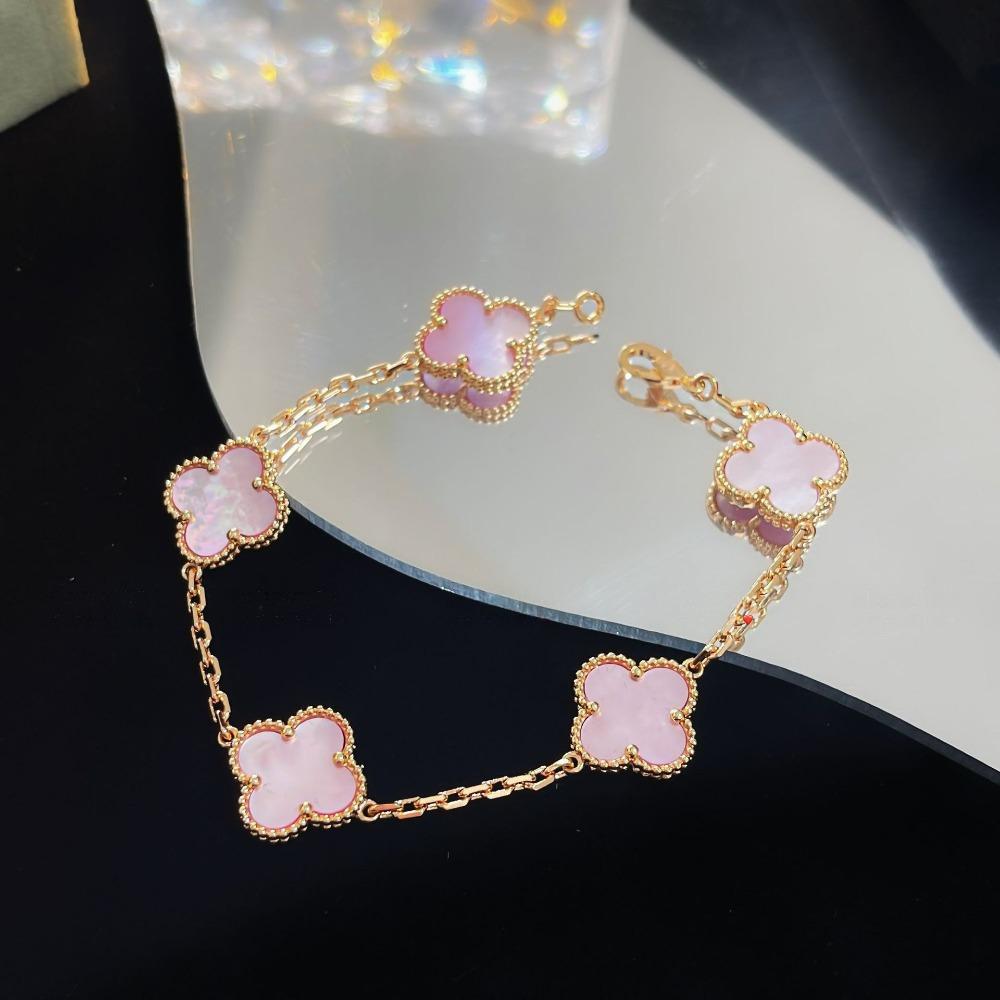 Bracelet Trèfle à Quatre Feuilles Version Haute Cinq Fleurs Calcédoine Violette Naturelle Gravé Laser CNC 18K Ne Se Décolore Pas Bracelet pour Dames