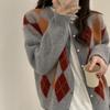 Retro Diamond Knitted Cardigan Women's Autumn and Winter New Lazy Wind Loose Casual Sweater Jacket Top