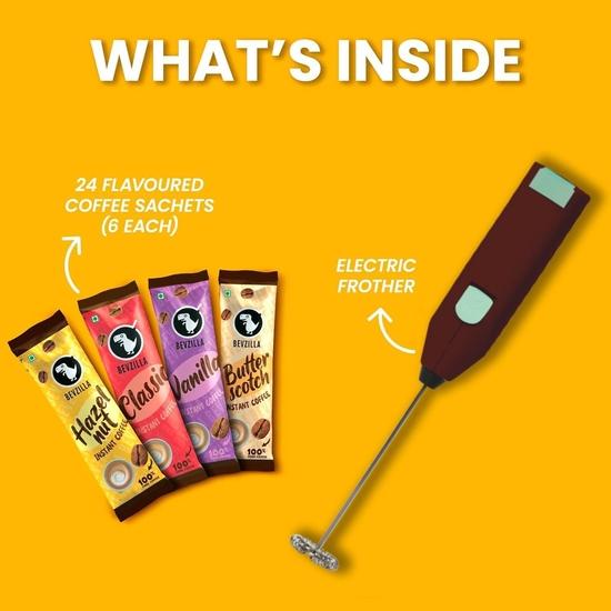 Bevzilla 24 Coffee Sachets & Frother (24 X 2 Gram Sachets) | 6 Pouches Each Flavour | Café Coffee Kit | Classic, Hazelnut, Vanilla & Butterscotch