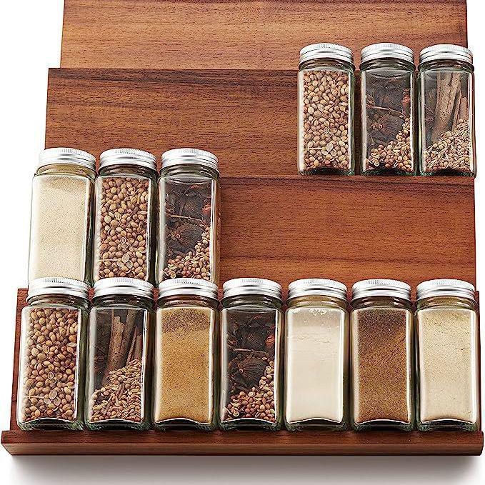 4-Tier Solid Wood Spice Rack Drawer Tray for Cabinet Storage